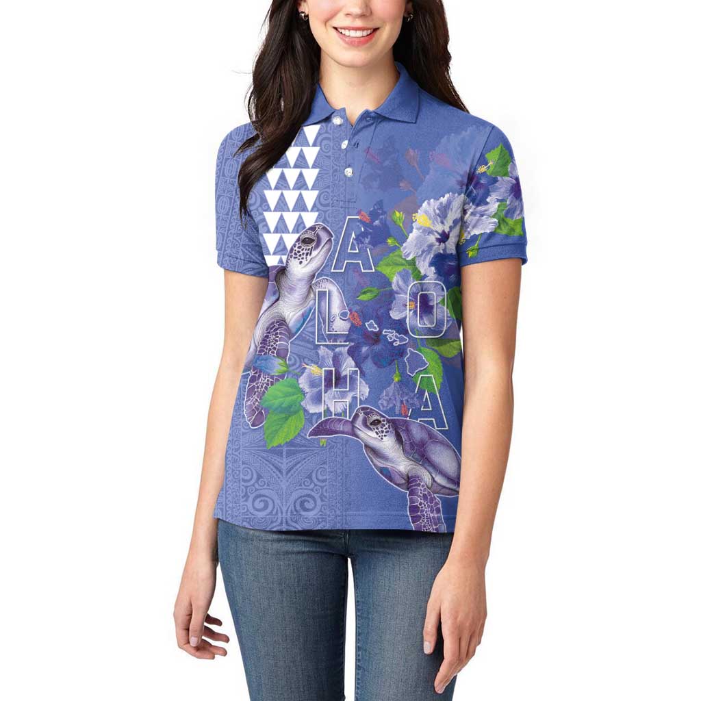 Hawaii Aloha Turtle Hibiscus and Leaves Women Polo Shirt with Polynesian and Kakau Tattoos Denim Color - Polynesian Pride