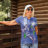 Hawaii Aloha Turtle Hibiscus and Leaves Women Polo Shirt with Polynesian and Kakau Tattoos Denim Color - Polynesian Pride