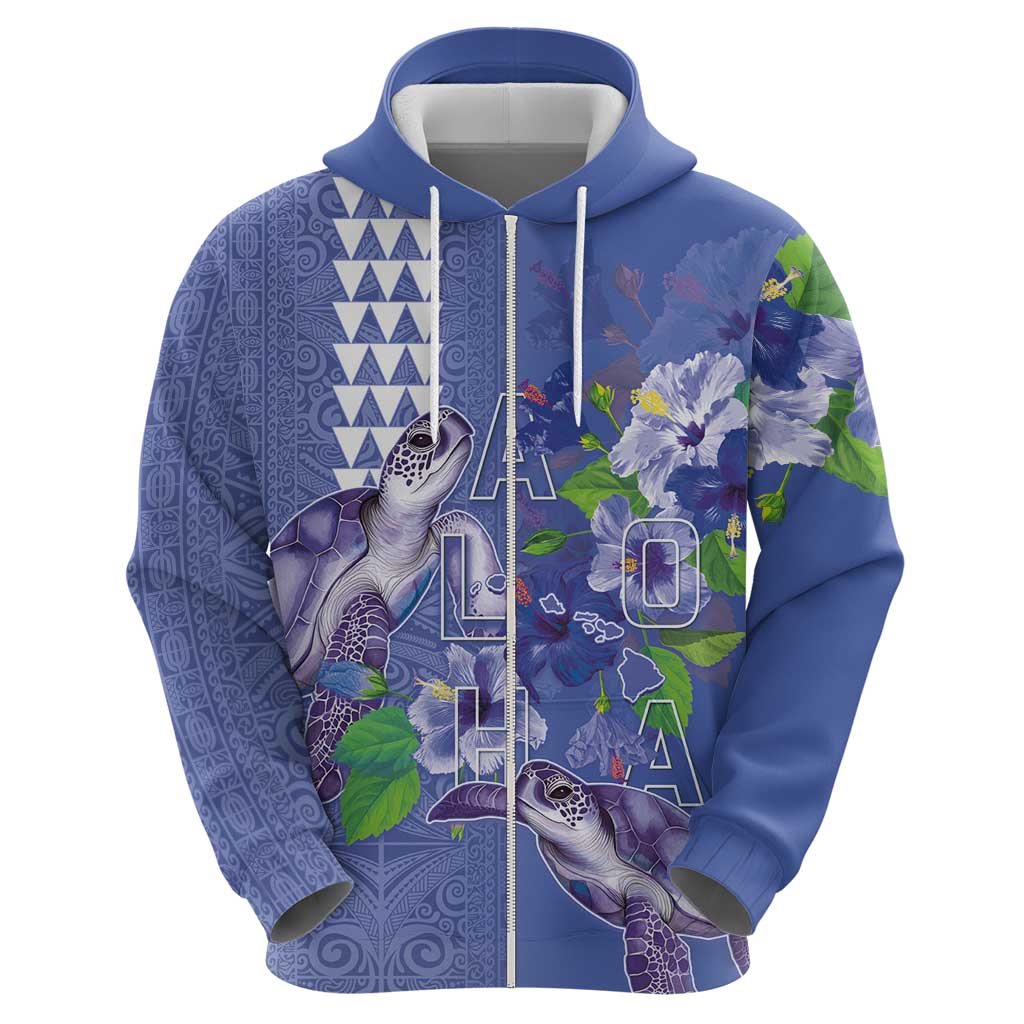 Hawaii Aloha Turtle Hibiscus and Leaves Zip Hoodie with Polynesian and Kakau Tattoos Denim Color - Polynesian Pride