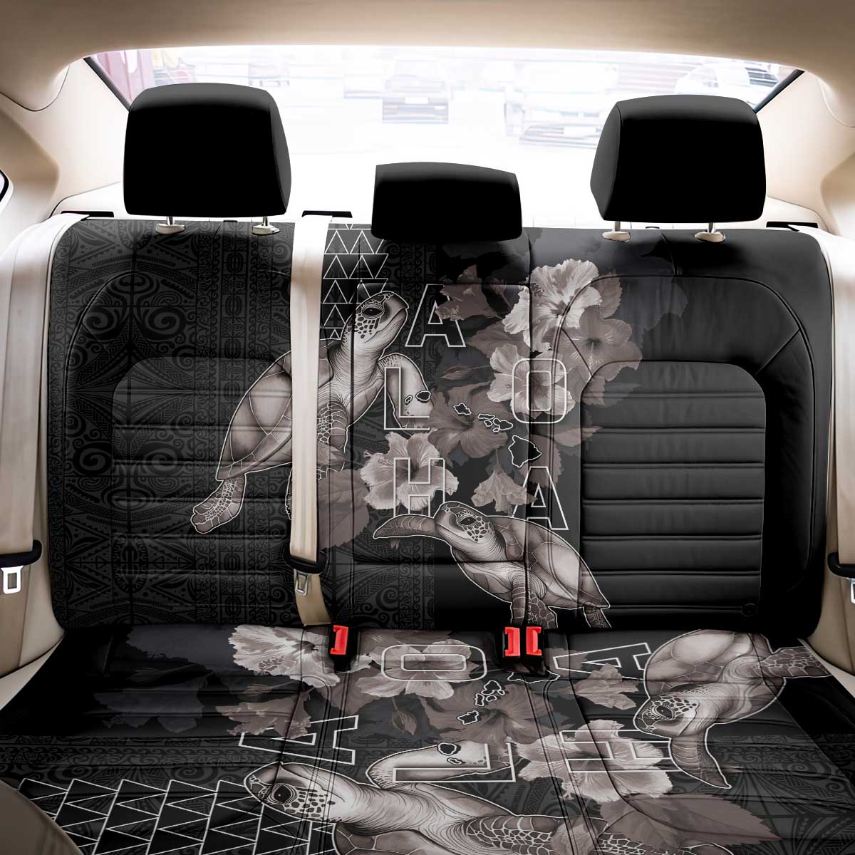 Hawaii Aloha Turtle Hibiscus and Leaves Back Car Seat Cover with Polynesian and Kakau Tattoos Black Color - Polynesian Pride