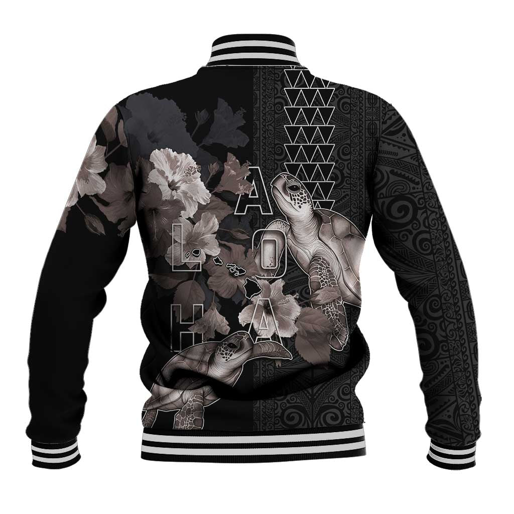 Hawaii Aloha Turtle Hibiscus and Leaves Baseball Jacket with Polynesian and Kakau Tattoos Black Color - Polynesian Pride