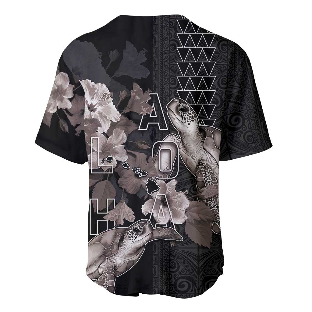 Hawaii Aloha Turtle Hibiscus and Leaves Baseball Jersey with Polynesian and Kakau Tattoos Black Color - Polynesian Pride