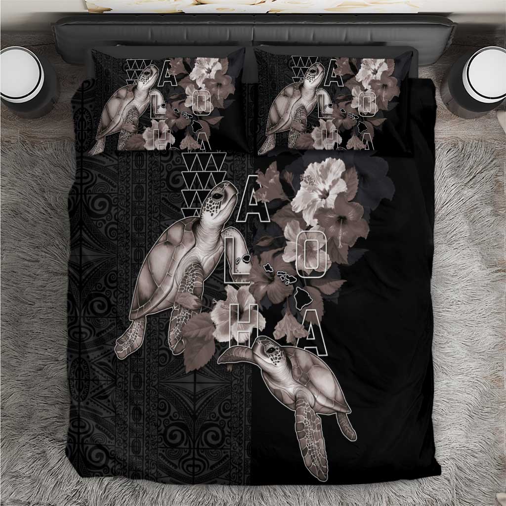 Hawaii Aloha Turtle Hibiscus and Leaves Bedding Set with Polynesian and Kakau Tattoos Black Color - Polynesian Pride