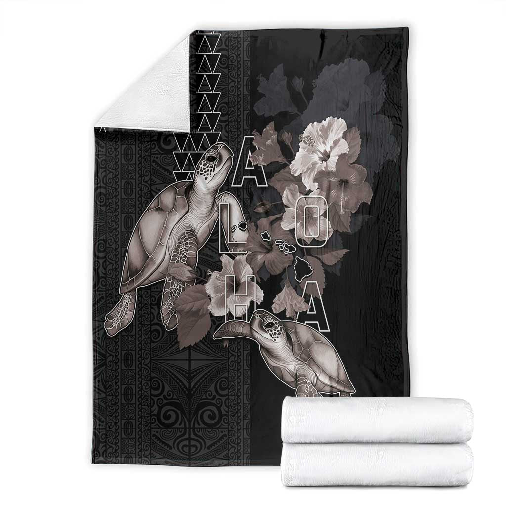 Hawaii Aloha Turtle Hibiscus and Leaves Blanket with Polynesian and Kakau Tattoos Black Color - Polynesian Pride