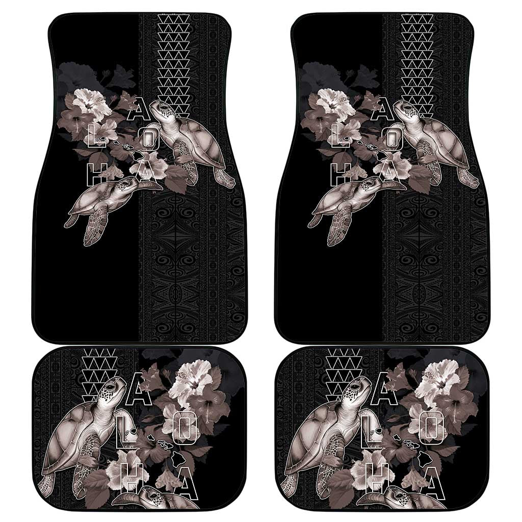 Hawaii Aloha Turtle Hibiscus and Leaves Car Mats with Polynesian and Kakau Tattoos Black Color - Polynesian Pride