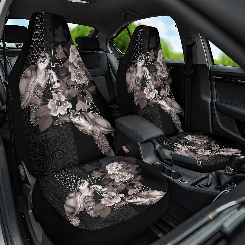 Hawaii Aloha Turtle Hibiscus and Leaves Car Seat Cover with Polynesian and Kakau Tattoos Black Color - Polynesian Pride