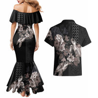Hawaii Aloha Turtle Hibiscus and Leaves Couples Matching Mermaid Dress and Hawaiian Shirt with Polynesian and Kakau Tattoos Black Color - Polynesian Pride