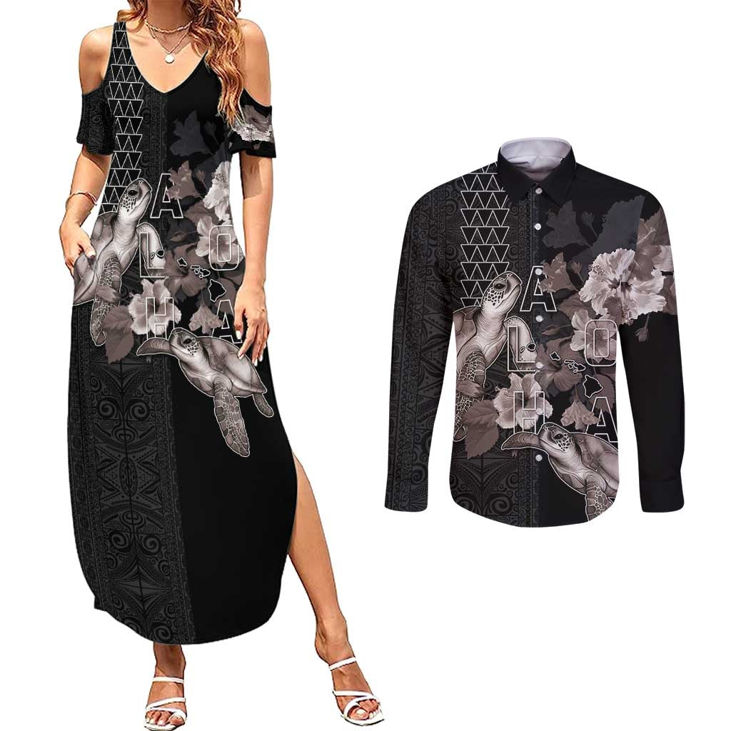 Hawaii Aloha Turtle Hibiscus and Leaves Couples Matching Summer Maxi Dress and Long Sleeve Button Shirt with Polynesian and Kakau Tattoos Black Color - Polynesian Pride