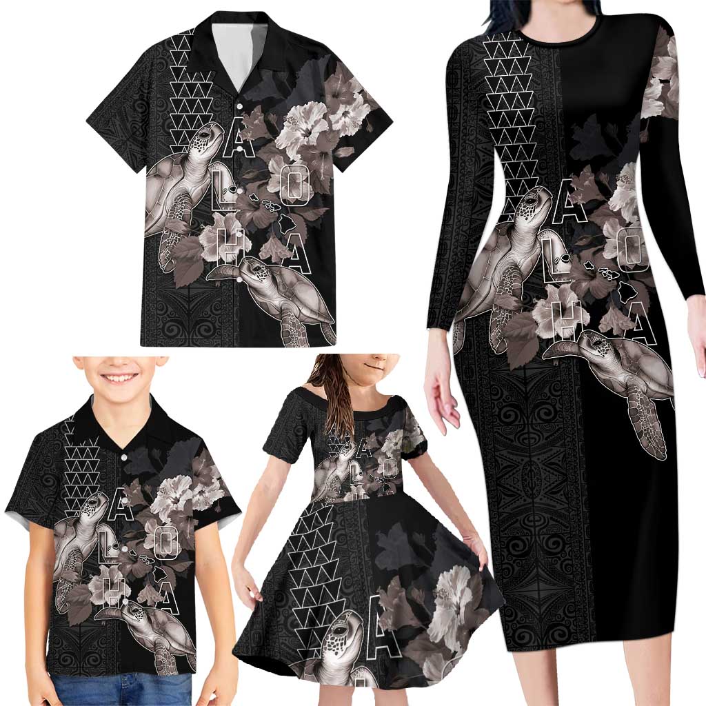 Hawaii Aloha Turtle Hibiscus and Leaves Family Matching Long Sleeve Bodycon Dress and Hawaiian Shirt with Polynesian and Kakau Tattoos Black Color - Polynesian Pride