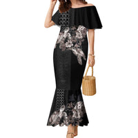 Hawaii Aloha Turtle Hibiscus and Leaves Family Matching Mermaid Dress and Hawaiian Shirt with Polynesian and Kakau Tattoos Black Color - Polynesian Pride