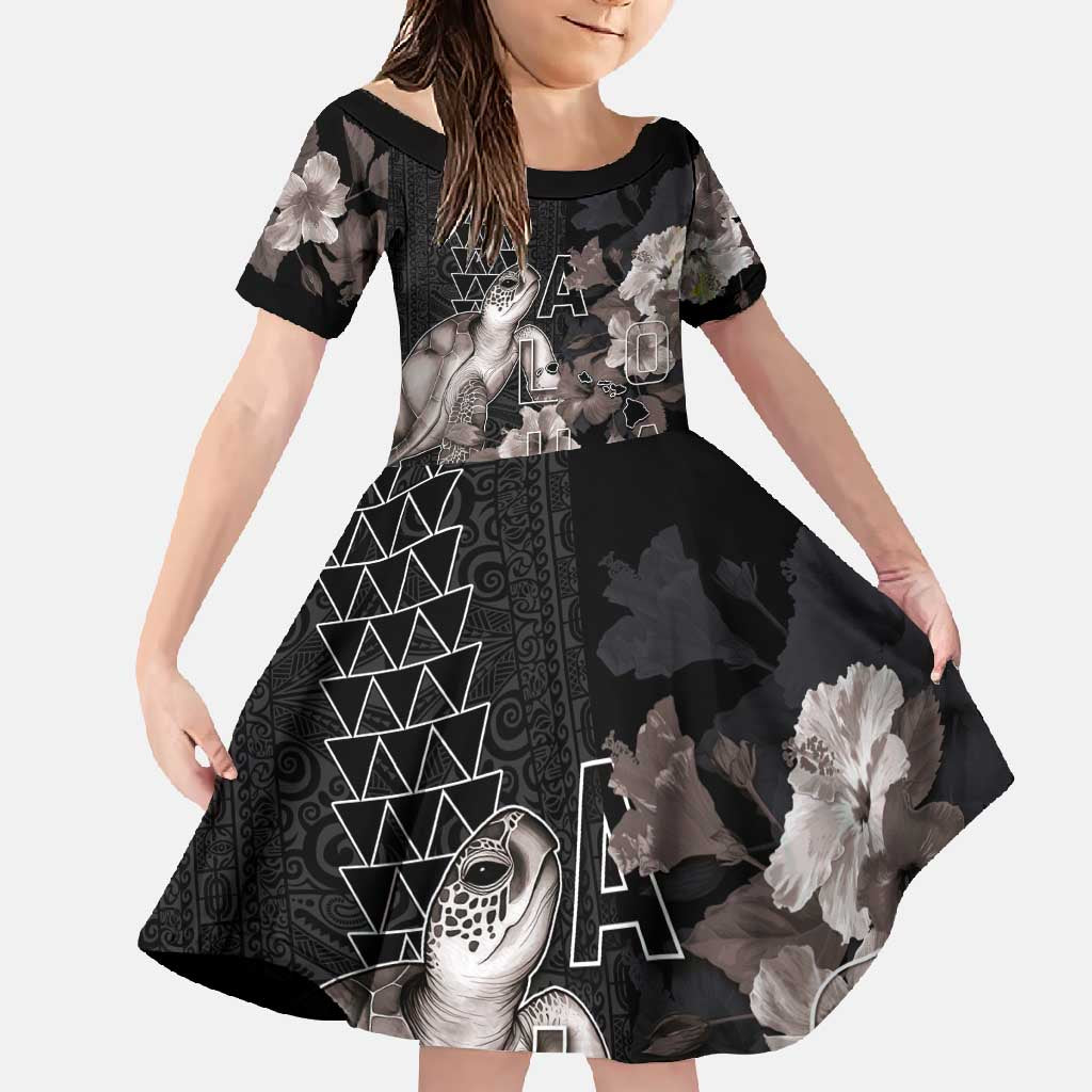 Hawaii Aloha Turtle Hibiscus and Leaves Family Matching Off Shoulder Maxi Dress and Hawaiian Shirt with Polynesian and Kakau Tattoos Black Color - Polynesian Pride