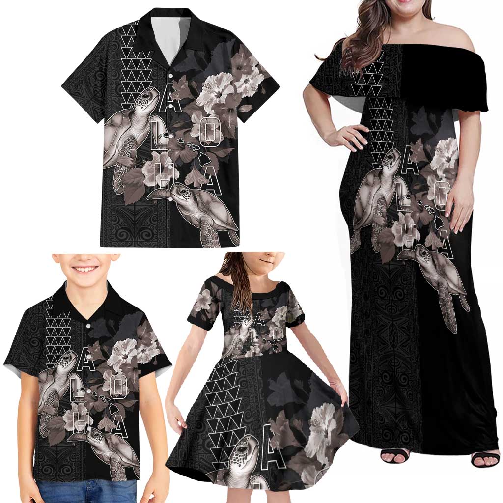 Hawaii Aloha Turtle Hibiscus and Leaves Family Matching Off Shoulder Maxi Dress and Hawaiian Shirt with Polynesian and Kakau Tattoos Black Color - Polynesian Pride