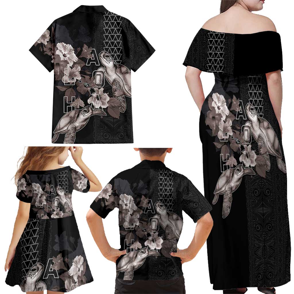 Hawaii Aloha Turtle Hibiscus and Leaves Family Matching Off Shoulder Maxi Dress and Hawaiian Shirt with Polynesian and Kakau Tattoos Black Color - Polynesian Pride