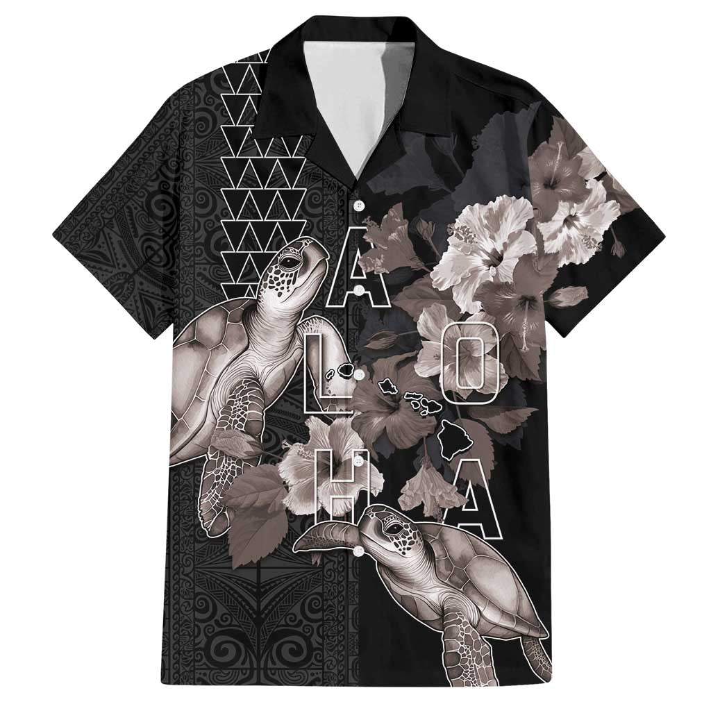 Hawaii Aloha Turtle Hibiscus and Leaves Family Matching Off Shoulder Maxi Dress and Hawaiian Shirt with Polynesian and Kakau Tattoos Black Color - Polynesian Pride