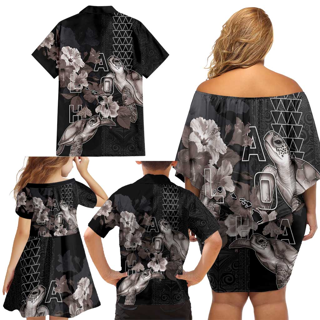 Hawaii Aloha Turtle Hibiscus and Leaves Family Matching Off Shoulder Short Dress and Hawaiian Shirt with Polynesian and Kakau Tattoos Black Color - Polynesian Pride