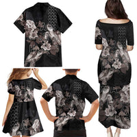 Hawaii Aloha Turtle Hibiscus and Leaves Family Matching Puletasi and Hawaiian Shirt with Polynesian and Kakau Tattoos Black Color - Polynesian Pride