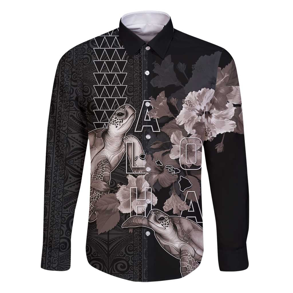 Hawaii Aloha Turtle Hibiscus and Leaves Family Matching Puletasi and Hawaiian Shirt with Polynesian and Kakau Tattoos Black Color - Polynesian Pride