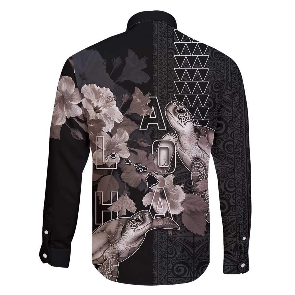 Hawaii Aloha Turtle Hibiscus and Leaves Family Matching Puletasi and Hawaiian Shirt with Polynesian and Kakau Tattoos Black Color - Polynesian Pride