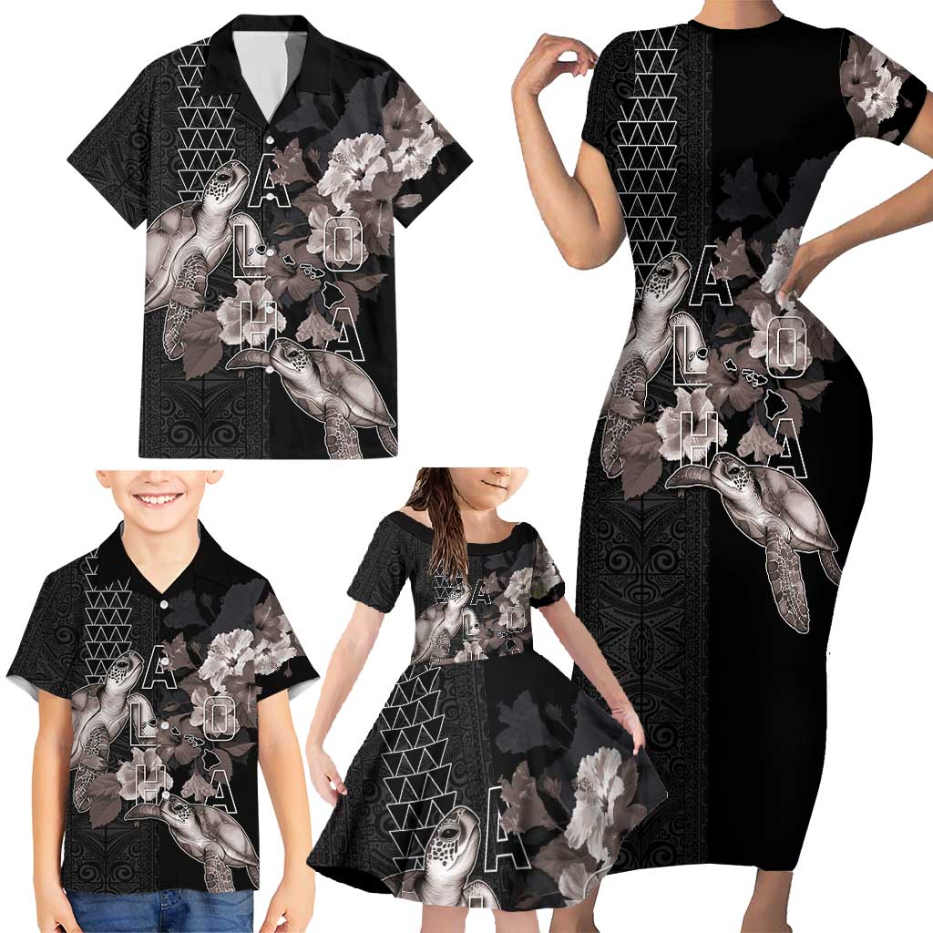 Hawaii Aloha Turtle Hibiscus and Leaves Family Matching Short Sleeve Bodycon Dress and Hawaiian Shirt with Polynesian and Kakau Tattoos Black Color - Polynesian Pride