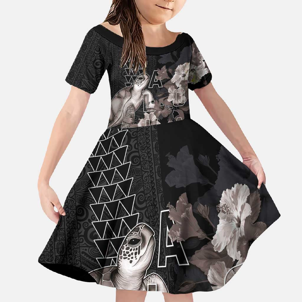 Hawaii Aloha Turtle Hibiscus and Leaves Family Matching Summer Maxi Dress and Hawaiian Shirt with Polynesian and Kakau Tattoos Black Color - Polynesian Pride