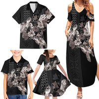 Hawaii Aloha Turtle Hibiscus and Leaves Family Matching Summer Maxi Dress and Hawaiian Shirt with Polynesian and Kakau Tattoos Black Color - Polynesian Pride