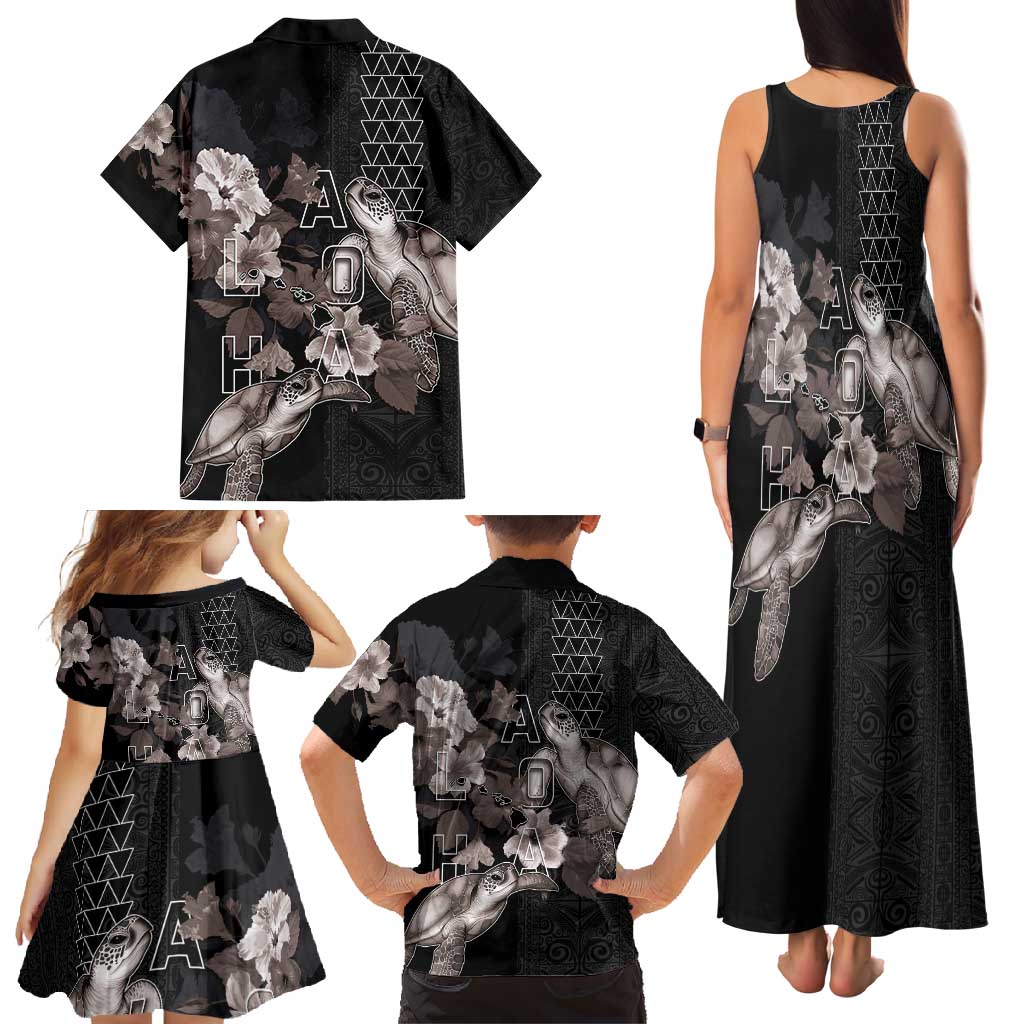 Hawaii Aloha Turtle Hibiscus and Leaves Family Matching Tank Maxi Dress and Hawaiian Shirt with Polynesian and Kakau Tattoos Black Color - Polynesian Pride