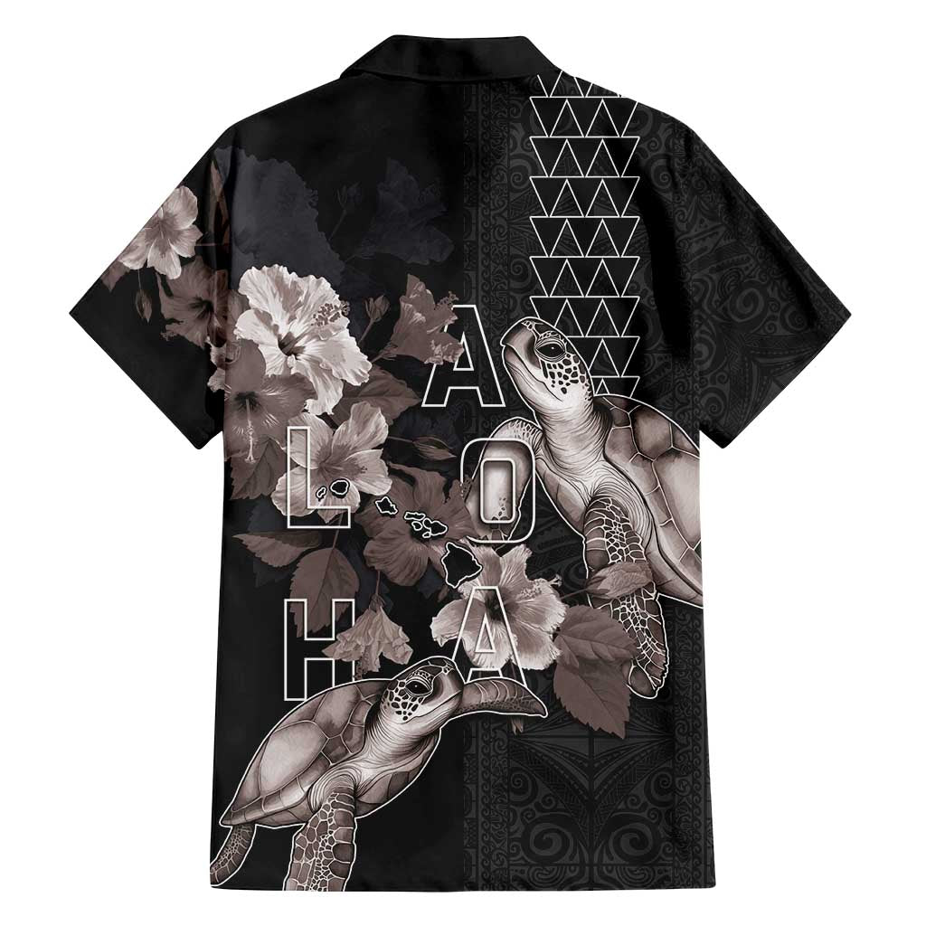 Hawaii Aloha Turtle Hibiscus and Leaves Family Matching Tank Maxi Dress and Hawaiian Shirt with Polynesian and Kakau Tattoos Black Color - Polynesian Pride