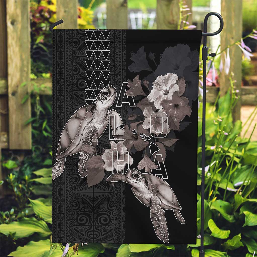 Hawaii Aloha Turtle Hibiscus and Leaves Garden Flag with Polynesian and Kakau Tattoos Black Color - Polynesian Pride