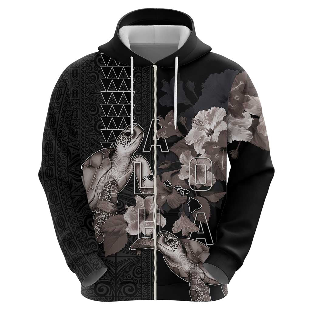 Hawaii Aloha Turtle Hibiscus and Leaves Hoodie with Polynesian and Kakau Tattoos Black Color - Polynesian Pride