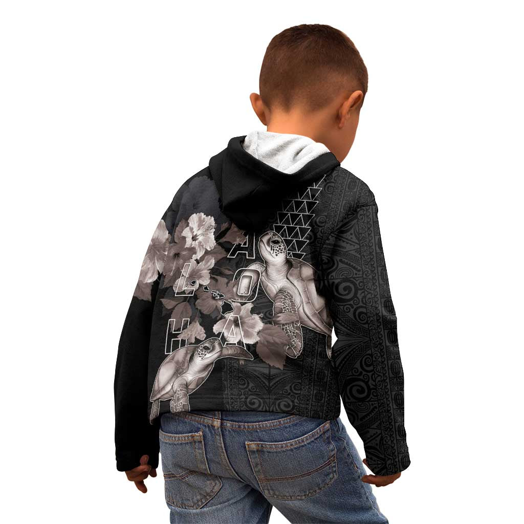 Hawaii Aloha Turtle Hibiscus and Leaves Kid Hoodie with Polynesian and Kakau Tattoos Black Color - Polynesian Pride