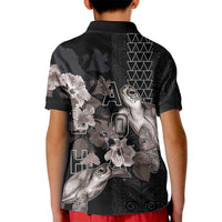 Hawaii Aloha Turtle Hibiscus and Leaves Kid Polo Shirt with Polynesian and Kakau Tattoos Black Color - Polynesian Pride