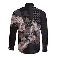 Hawaii Aloha Turtle Hibiscus and Leaves Long Sleeve Button Shirt with Polynesian and Kakau Tattoos Black Color - Polynesian Pride