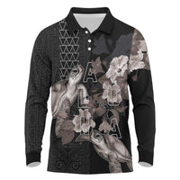 Hawaii Aloha Turtle Hibiscus and Leaves Long Sleeve Polo Shirt with Polynesian and Kakau Tattoos Black Color - Polynesian Pride