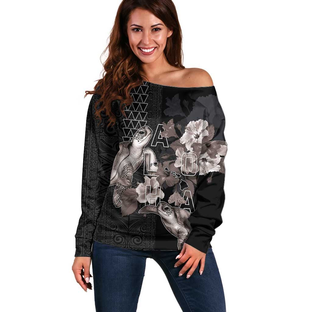 Hawaii Aloha Turtle Hibiscus and Leaves Off Shoulder Sweater with Polynesian and Kakau Tattoos Black Color - Polynesian Pride