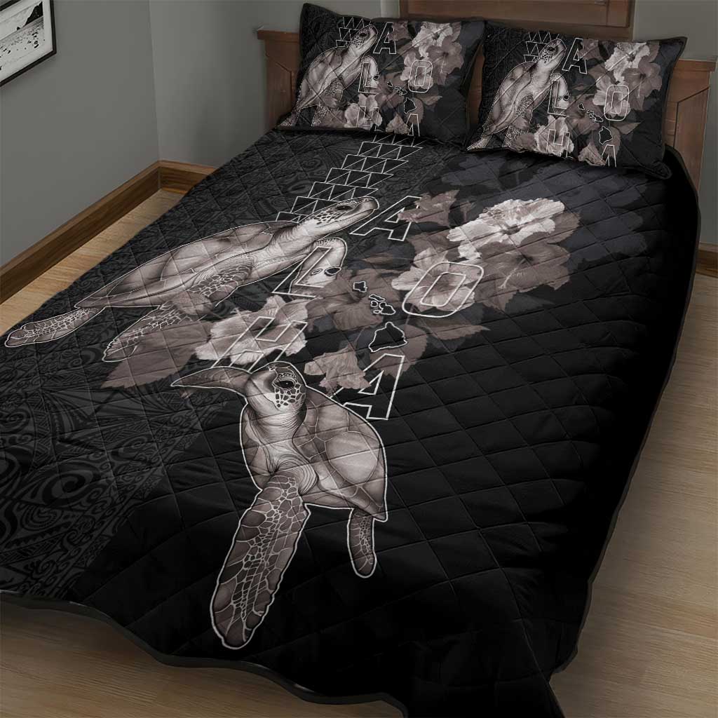 Hawaii Aloha Turtle Hibiscus and Leaves Quilt Bed Set with Polynesian and Kakau Tattoos Black Color - Polynesian Pride