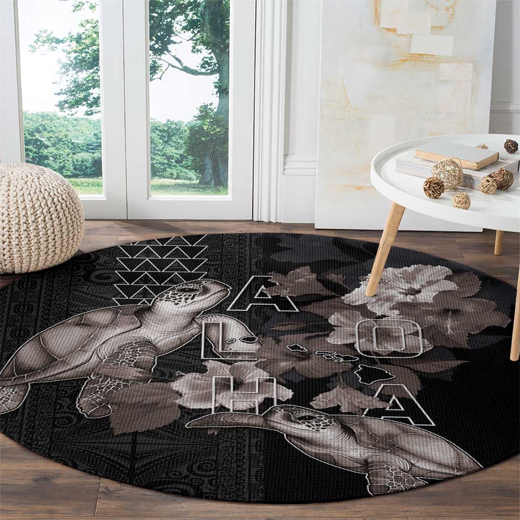 Hawaii Aloha Turtle Hibiscus and Leaves Round Carpet with Polynesian and Kakau Tattoos Black Color - Polynesian Pride