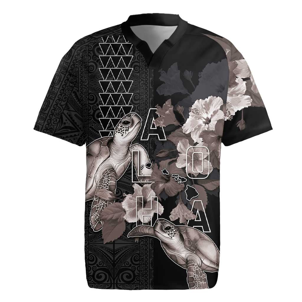 Hawaii Aloha Turtle Hibiscus and Leaves Rugby Jersey with Polynesian and Kakau Tattoos Black Color - Polynesian Pride