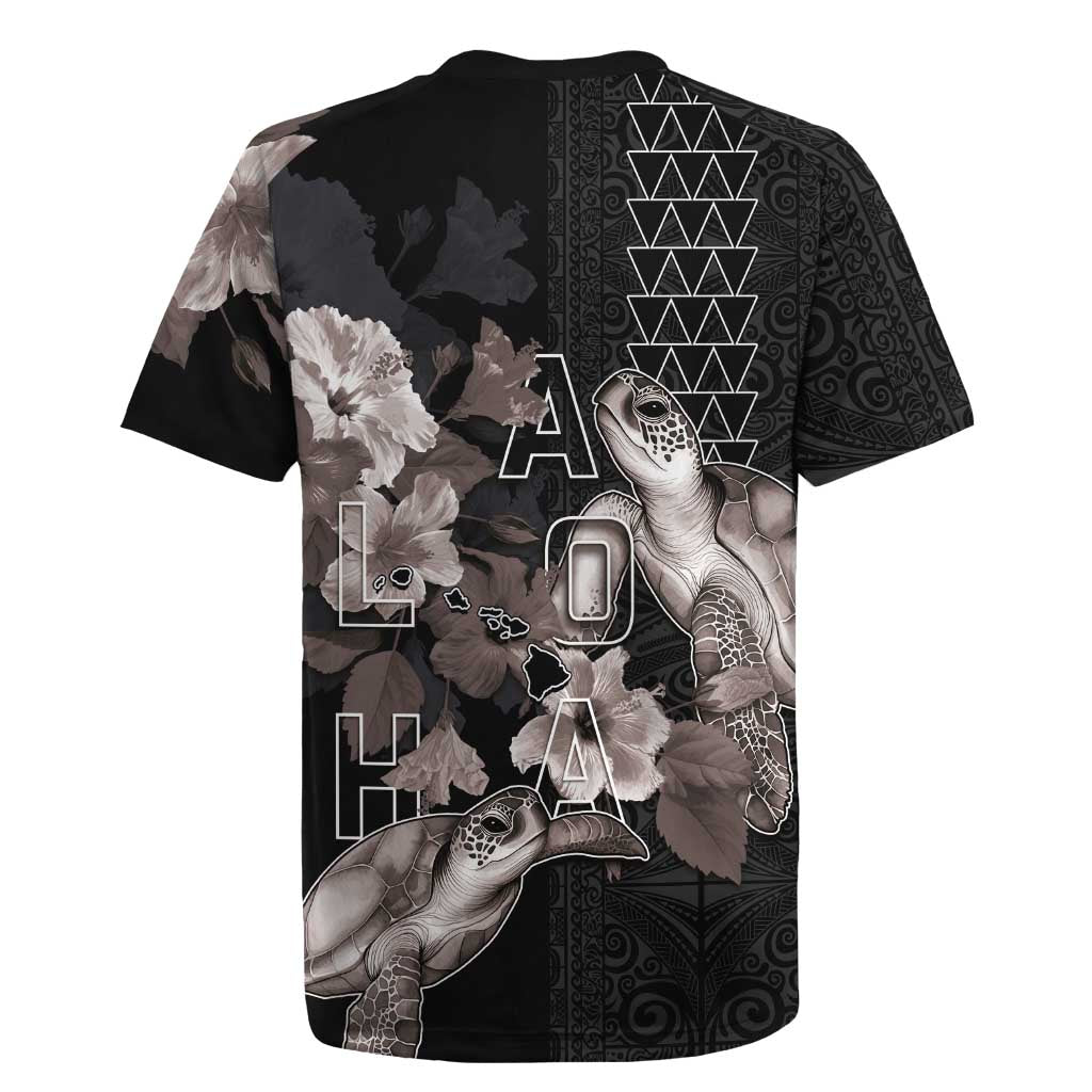 Hawaii Aloha Turtle Hibiscus and Leaves Rugby Jersey with Polynesian and Kakau Tattoos Black Color - Polynesian Pride