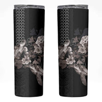 Hawaii Aloha Turtle Hibiscus and Leaves Skinny Tumbler with Polynesian and Kakau Tattoos Black Color - Polynesian Pride