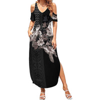 Hawaii Aloha Turtle Hibiscus and Leaves Summer Maxi Dress with Polynesian and Kakau Tattoos Black Color - Polynesian Pride