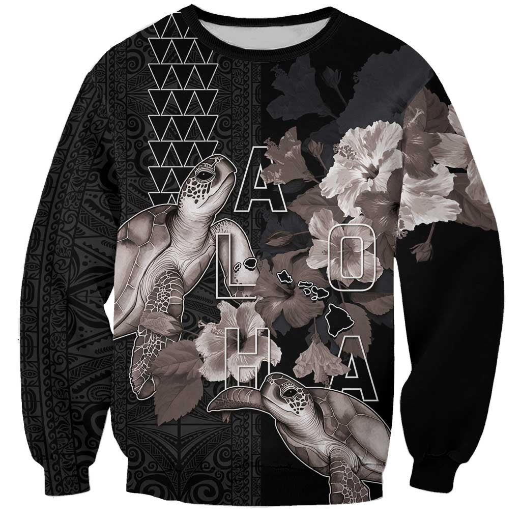 Hawaii Aloha Turtle Hibiscus and Leaves Sweatshirt with Polynesian and Kakau Tattoos Black Color - Polynesian Pride