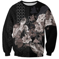 Hawaii Aloha Turtle Hibiscus and Leaves Sweatshirt with Polynesian and Kakau Tattoos Black Color - Polynesian Pride