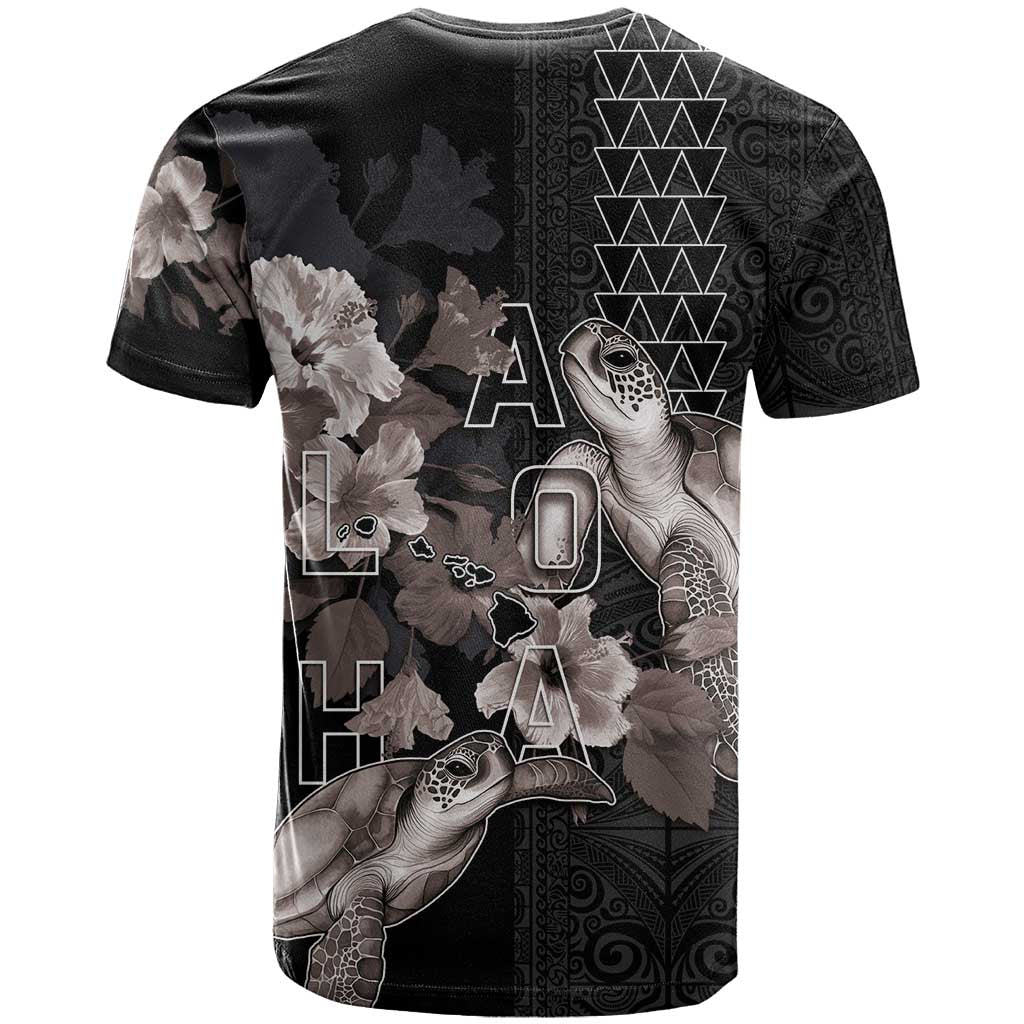 Hawaii Aloha Turtle Hibiscus and Leaves T Shirt with Polynesian and Kakau Tattoos Black Color - Polynesian Pride