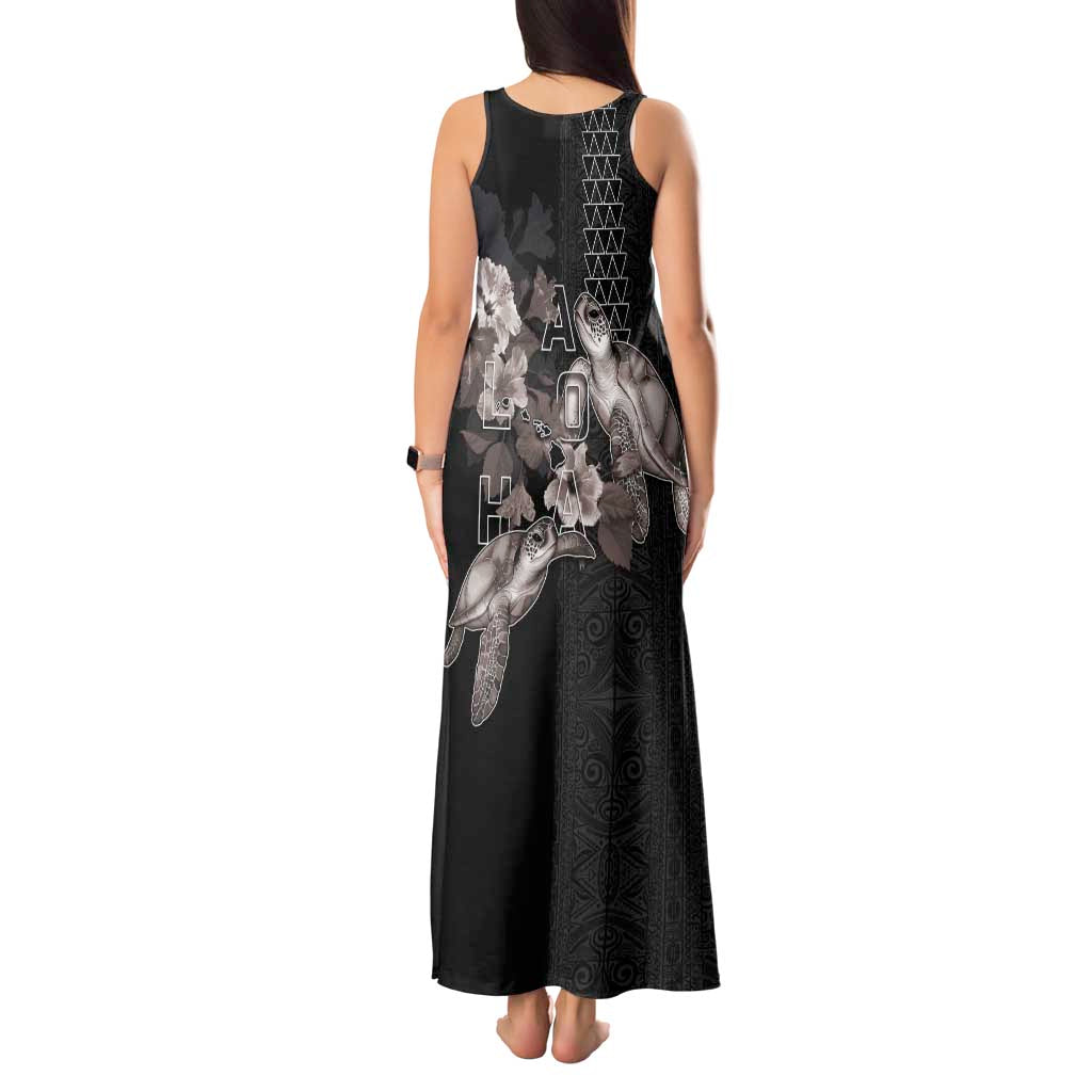 Hawaii Aloha Turtle Hibiscus and Leaves Tank Maxi Dress with Polynesian and Kakau Tattoos Black Color - Polynesian Pride