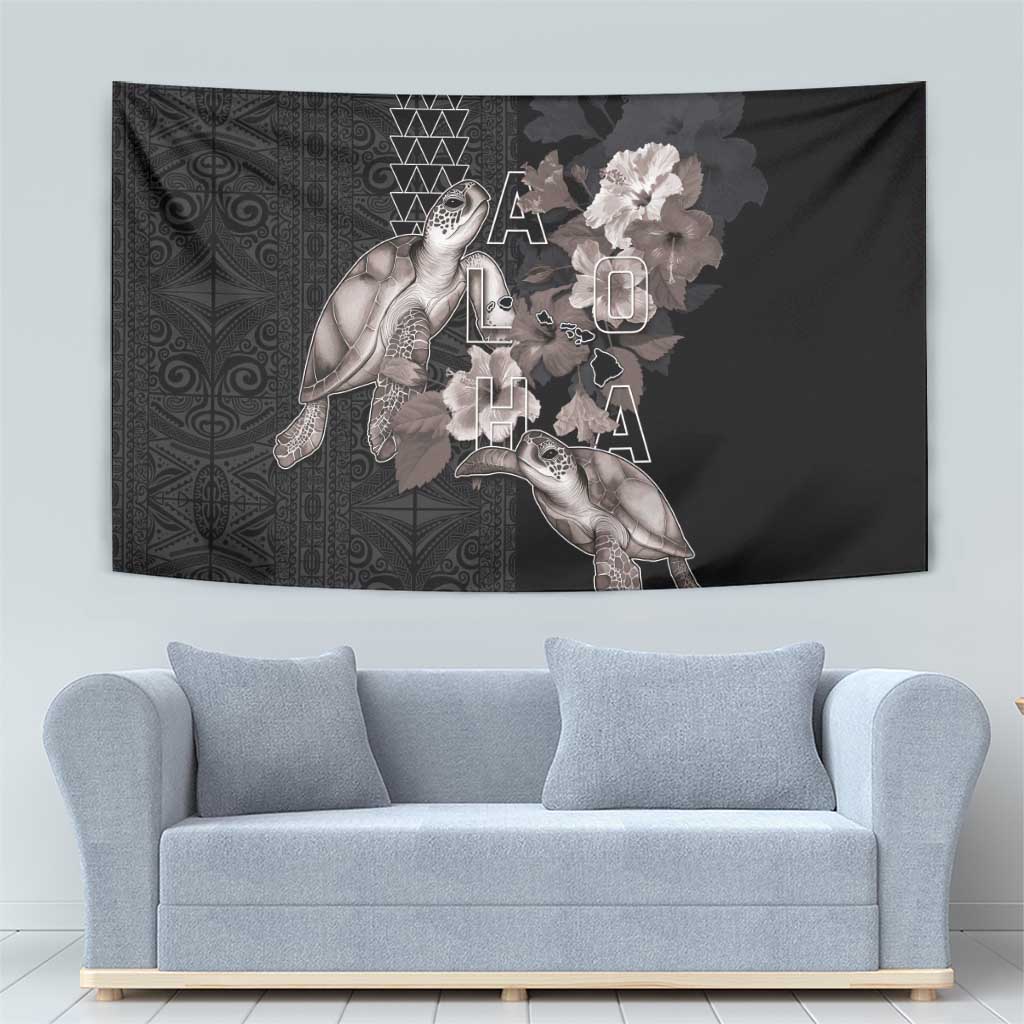 Hawaii Aloha Turtle Hibiscus and Leaves Tapestry with Polynesian and Kakau Tattoos Black Color - Polynesian Pride