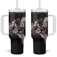 Hawaii Aloha Turtle Hibiscus and Leaves Tumbler With Handle with Polynesian and Kakau Tattoos Black Color - Polynesian Pride
