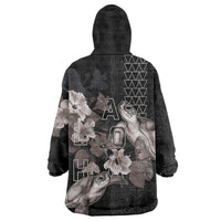 Hawaii Aloha Turtle Hibiscus and Leaves Wearable Blanket Hoodie with Polynesian and Kakau Tattoos Black Color - Polynesian Pride