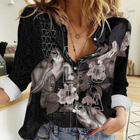 Hawaii Aloha Turtle Hibiscus and Leaves Women Casual Shirt with Polynesian and Kakau Tattoos Black Color - Polynesian Pride