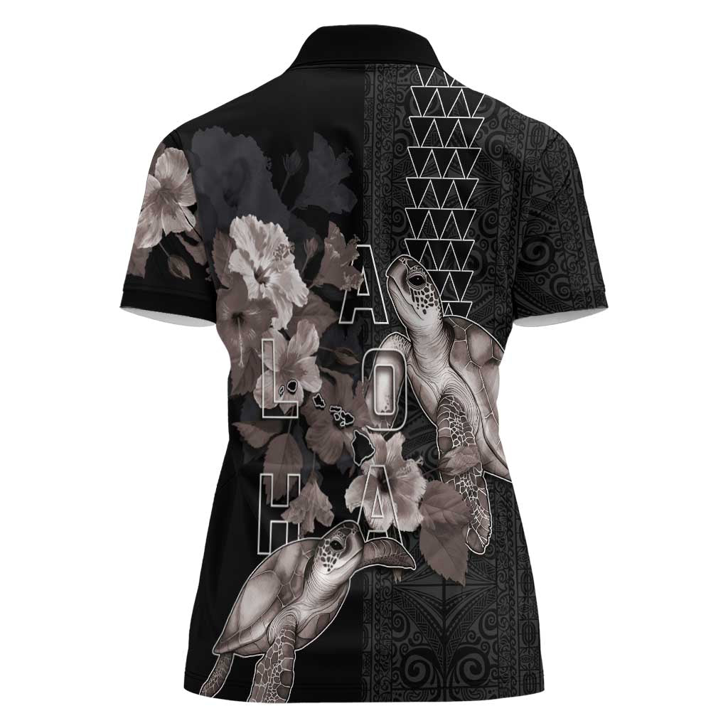 Hawaii Aloha Turtle Hibiscus and Leaves Women Polo Shirt with Polynesian and Kakau Tattoos Black Color - Polynesian Pride