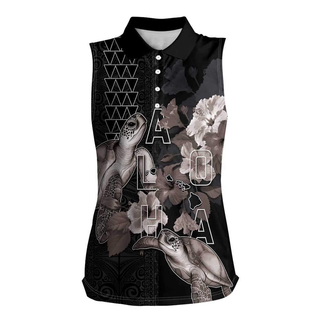 Hawaii Aloha Turtle Hibiscus and Leaves Women Sleeveless Polo Shirt with Polynesian and Kakau Tattoos Black Color - Polynesian Pride